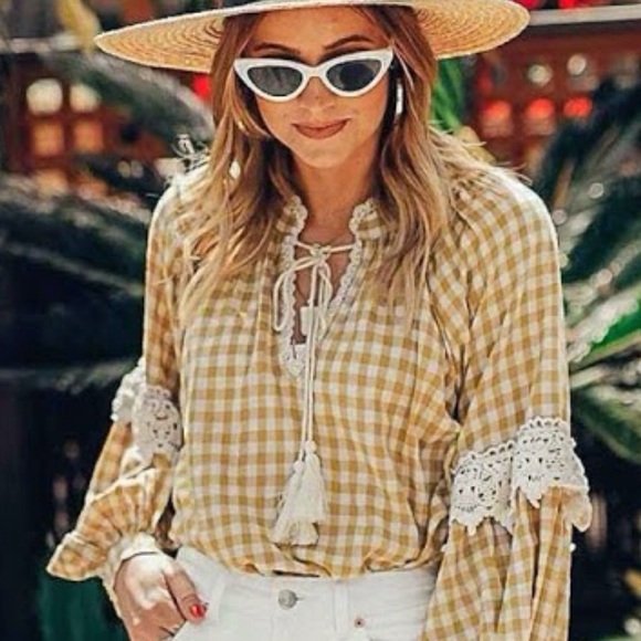 everleigh Tops - 🔴 Mustard Yellow Gingham Plaid Boho Peasant Top
